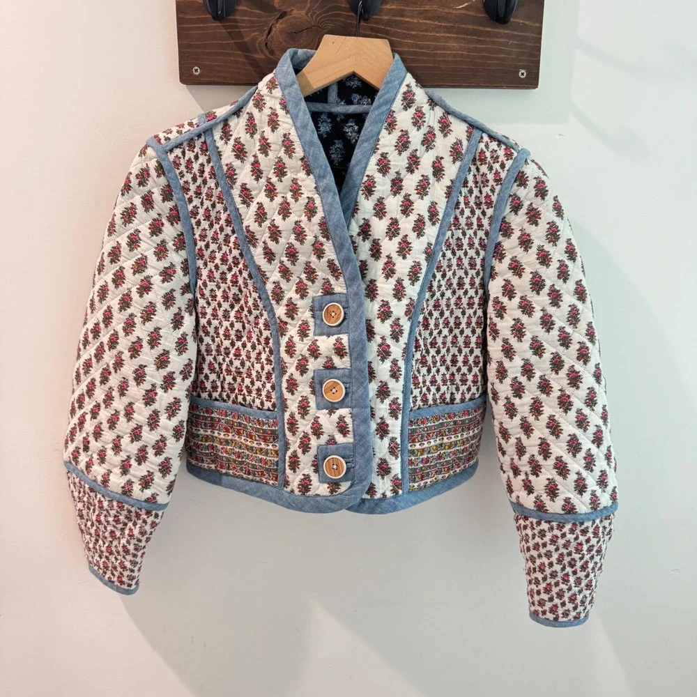 Veronica Beard Kamila Reversible Quilted Floral Jacket Blue Cream Pink Small